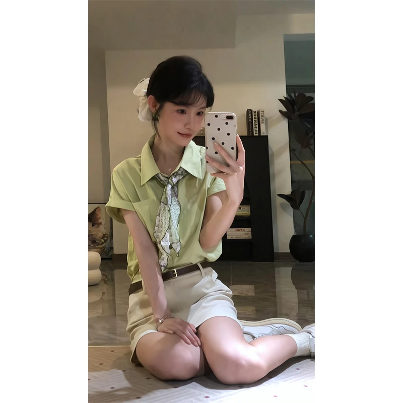 韩系衬衫短袖衬衣百搭显瘦上衣外穿通勤简约舒适牛仔杏色半裙短裙