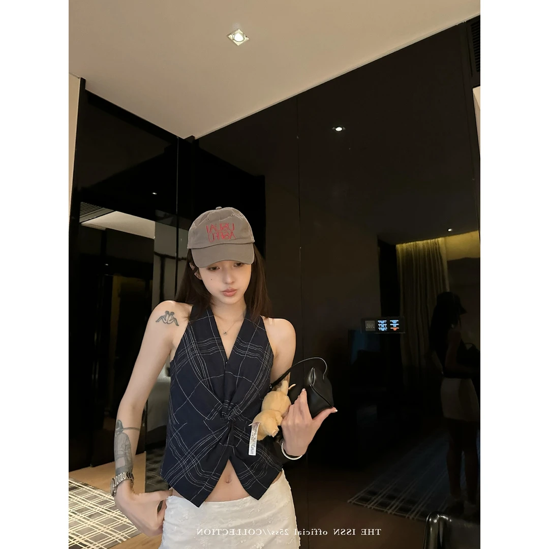 2025夏季新款女装格子吊带无袖打结短款修身外穿内搭时尚通勤上衣