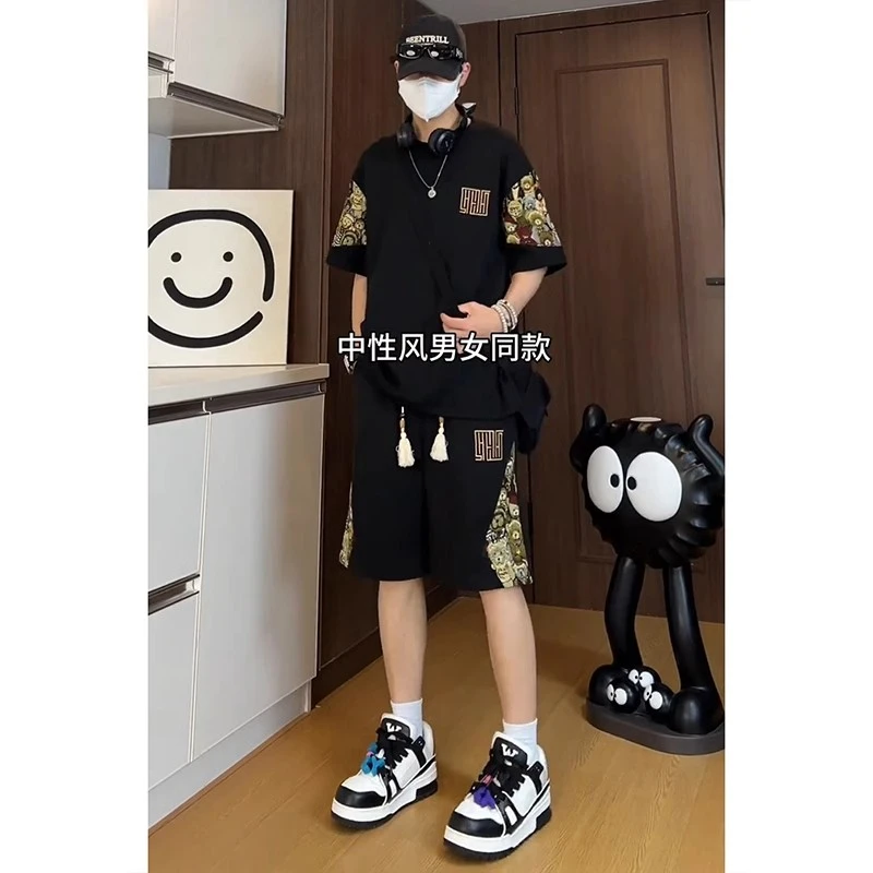 新中式套装男宽松薄款短袖短裤两件套国风夏季大码t恤休闲运动服