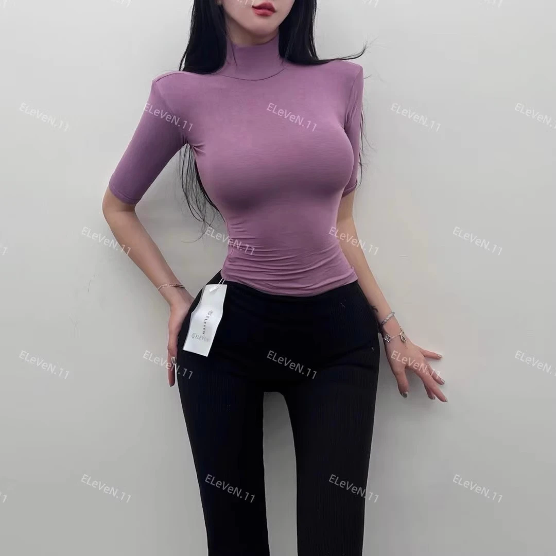 版型绝了~高领垫肩中袖打底衫修身T恤女五分袖上衣弹力内搭2025秋