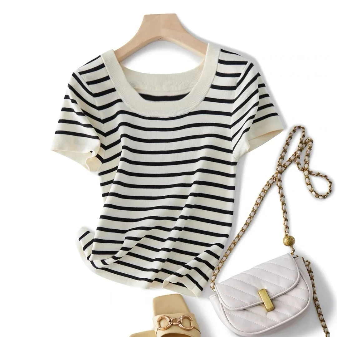 【100莱赛尔天丝】百搭气质U领短袖圆领条纹T恤设计感