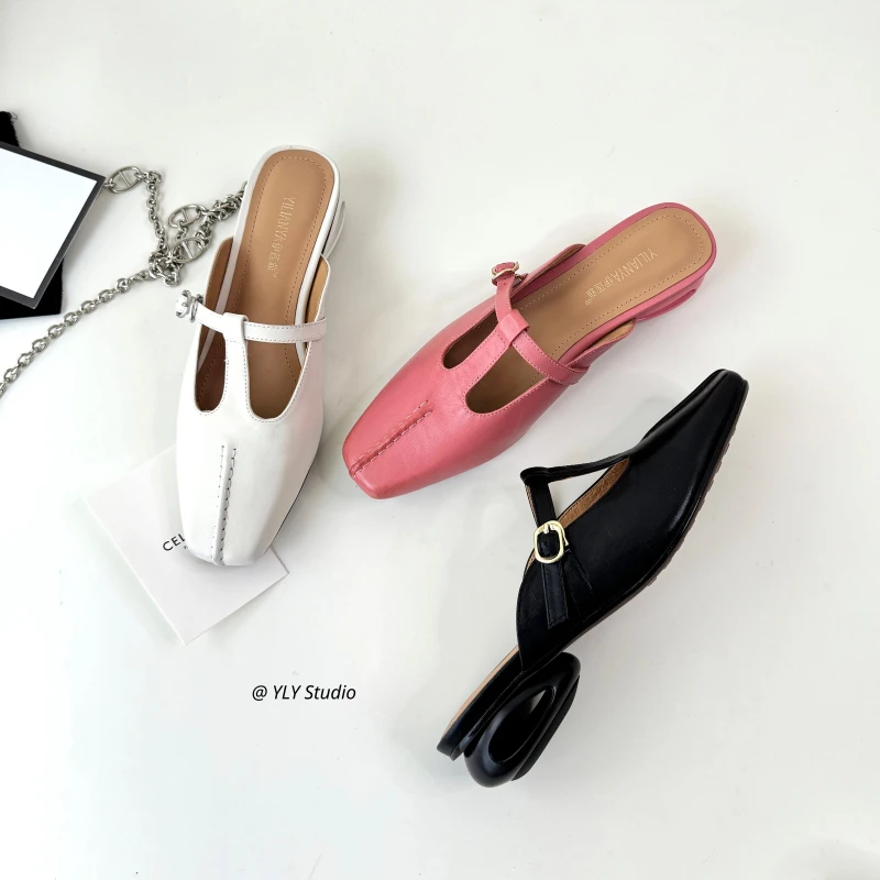 L353-3936真皮夏季新款时尚百搭一字带外穿半拖鞋粗跟包头凉拖女