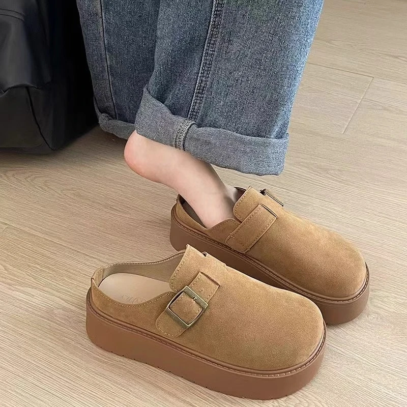 韩版复古磨砂皮大头皮带扣厚底增高全包勃肯鞋休闲百搭懒人乐福鞋