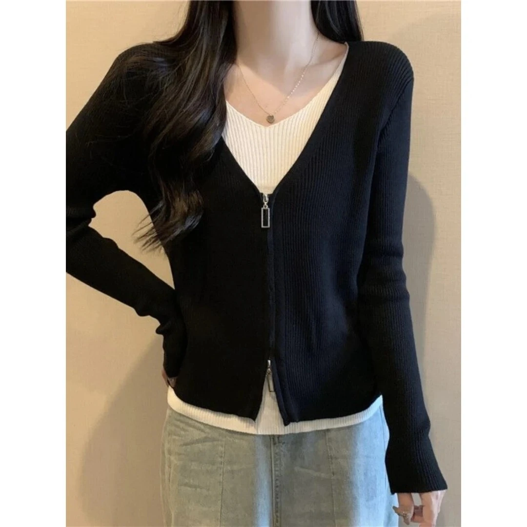 大码女装胖mm秋季新款设计感假两件拉链开衫上衣修身显瘦长袖小衫