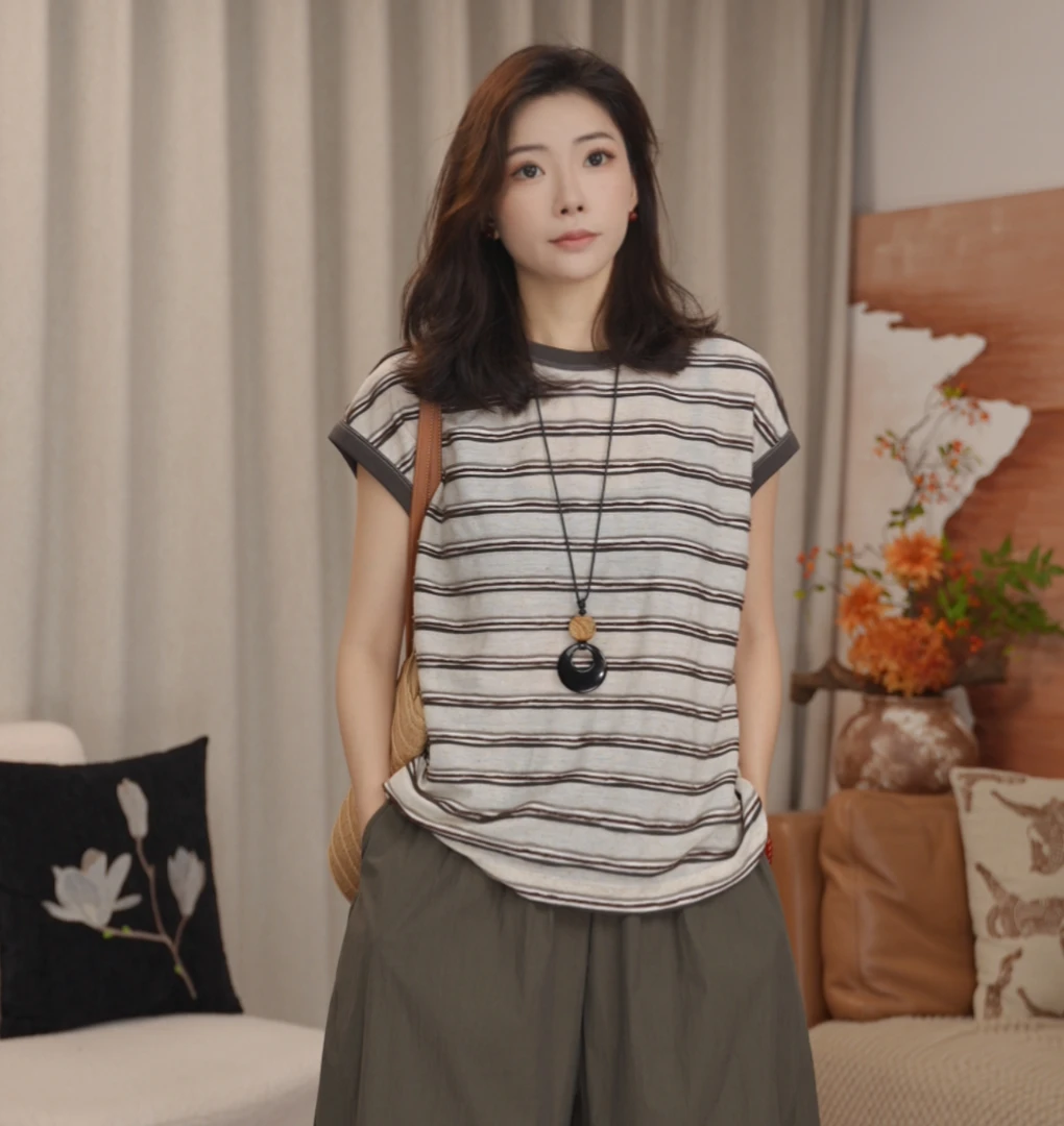 {特价}“三色条”设计感无袖背心撞色短袖条纹女士减龄夏季上衣