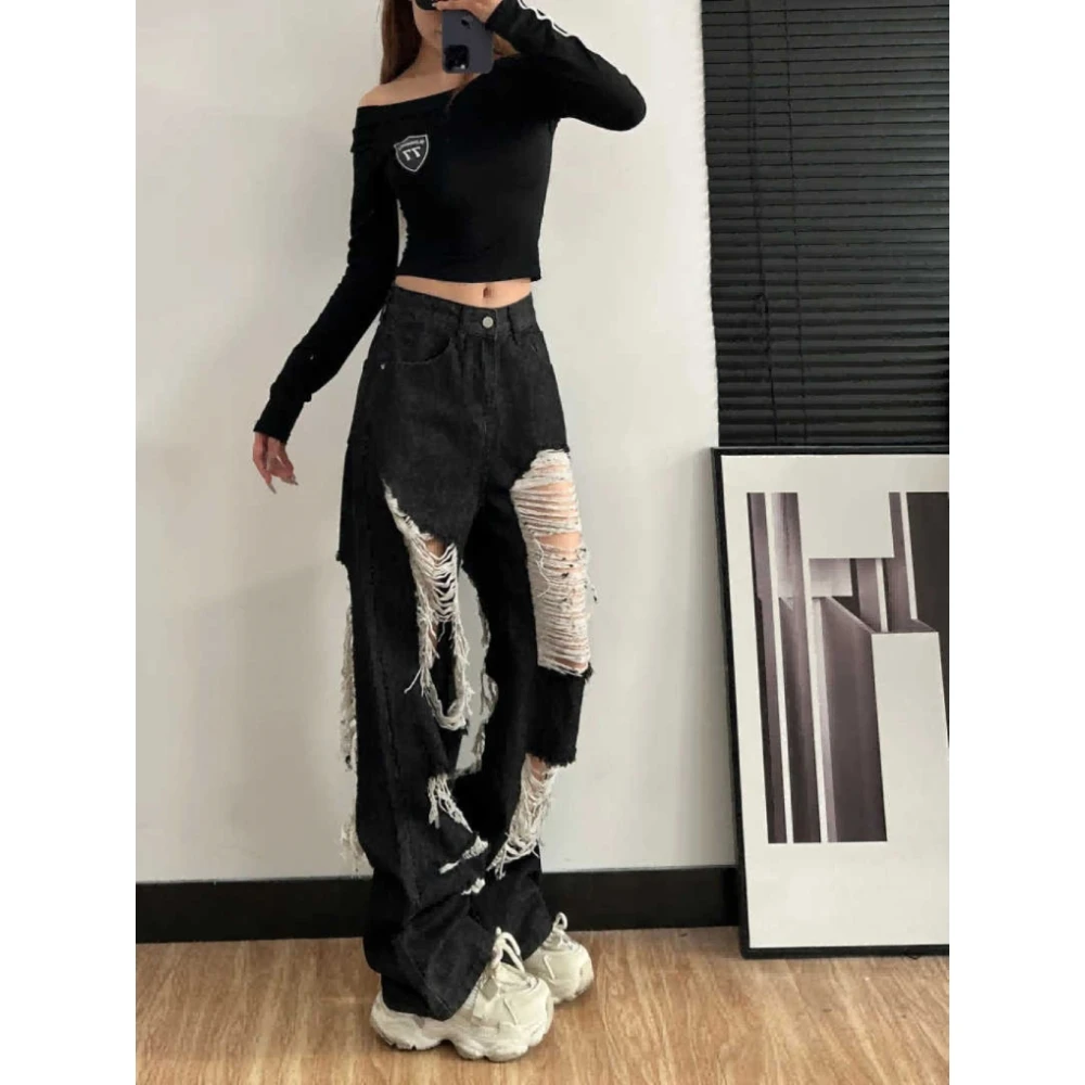 美式辣妹黑色破洞牛仔裤女2025夏季新款高腰显瘦做旧阔腿拖地裤子