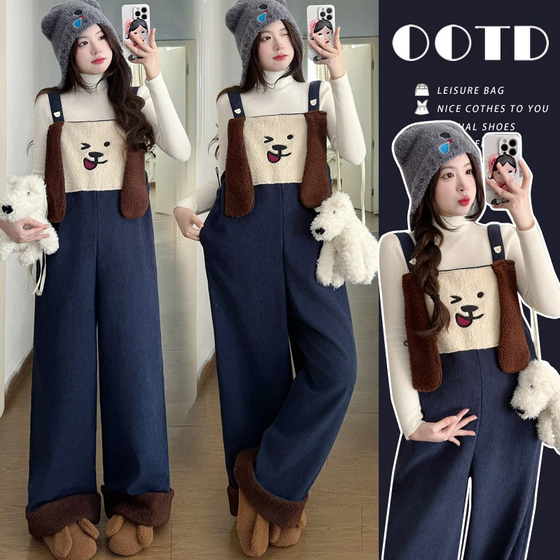 时尚孕妇2025冬季新款针织打底卡通孕妇加绒时尚背带裤孕妇套装