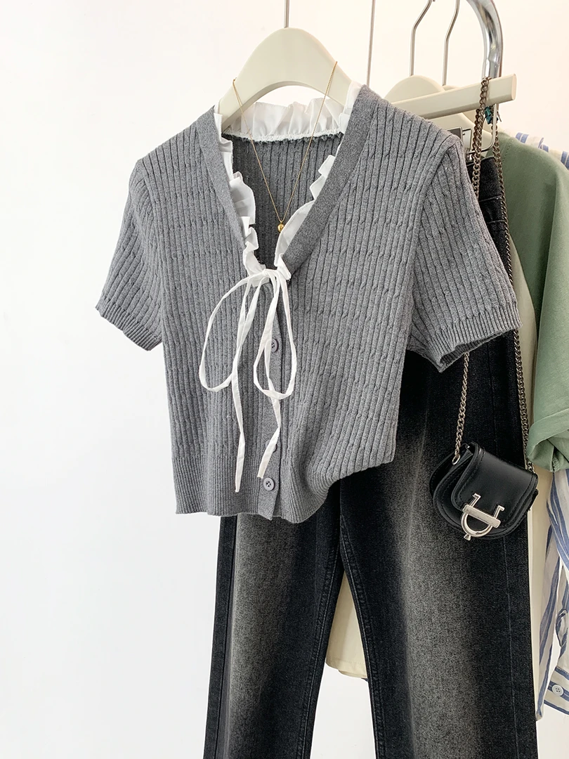 灰色v领纯色针织短袖t恤衫女夏季2025新款正肩短款蝴蝶结薄款上衣