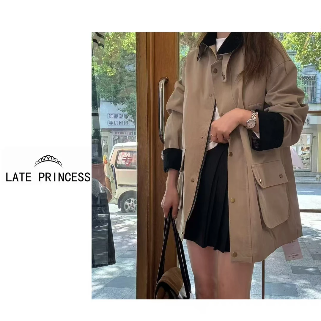 LATE PRINCESS（谷仓）2025秋季新款巴恩风拼皮领夹克宽松风衣