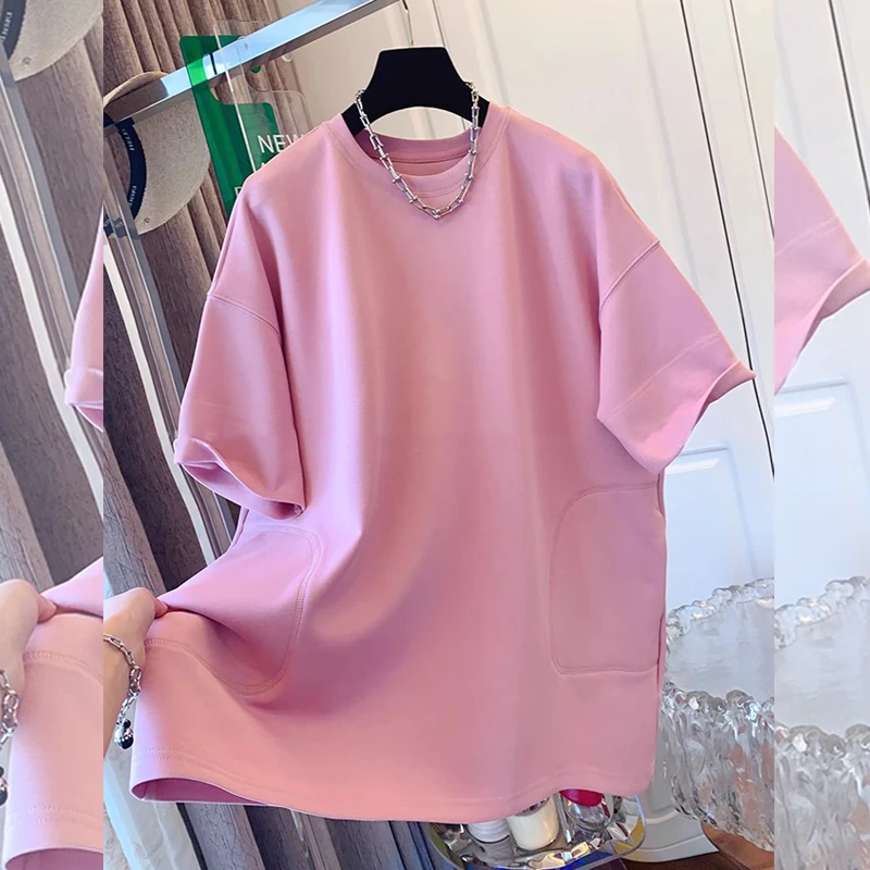 夏季新款中长款大版宽松显瘦短袖T恤上衣女装减龄好看带口袋体恤