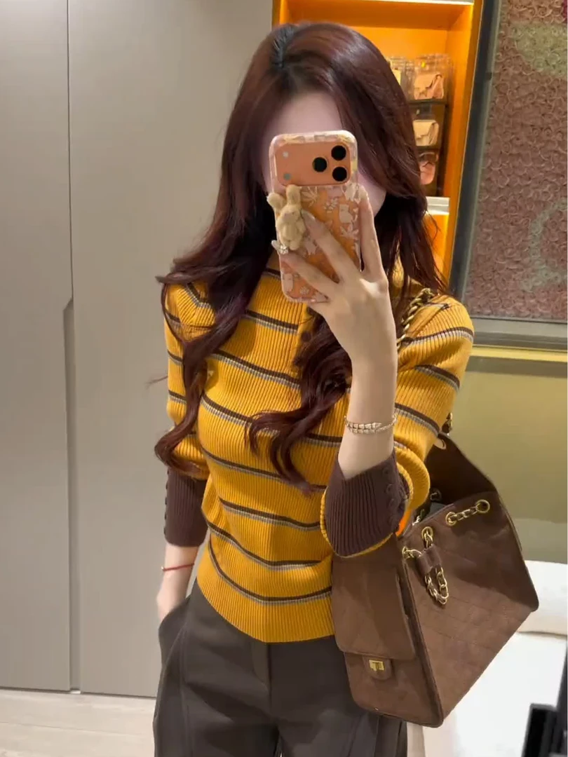 撞色拼接条纹半高领针织衫女秋冬2025新款洋气打底衫毛衣长袖上衣