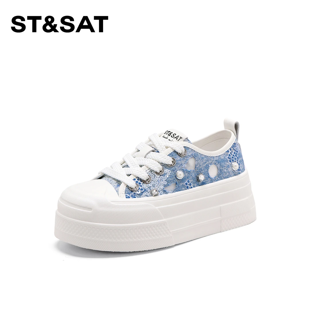 St&Sat/星期六百搭拼色亮片休闲鞋女2025新款北欧风厚底板鞋