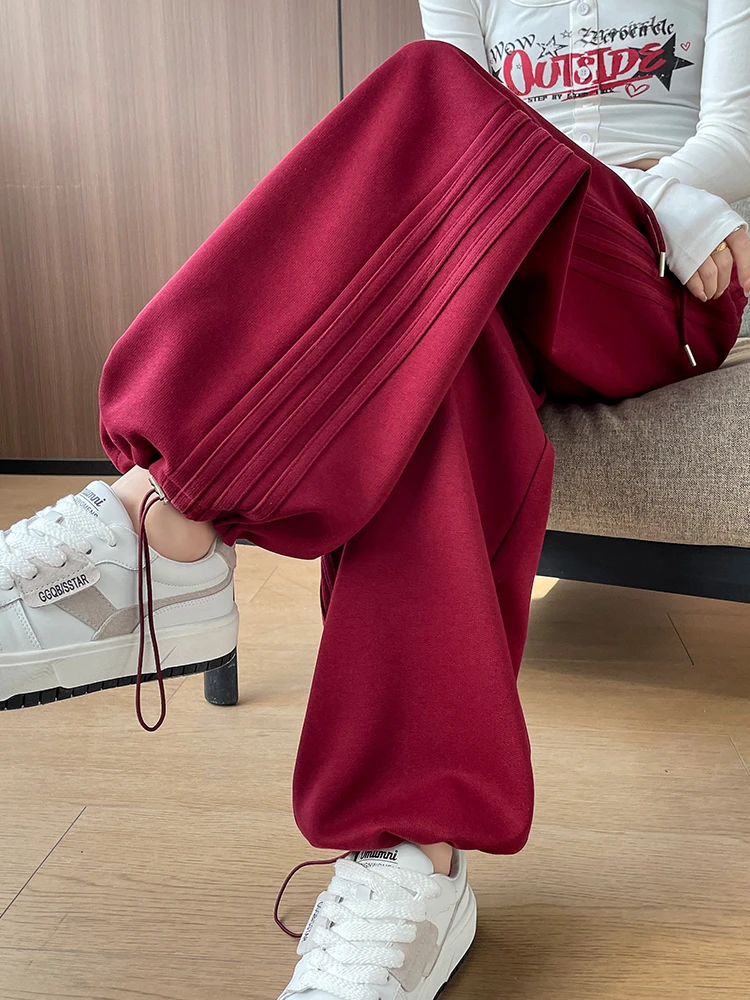 酒红色阔腿运动裤女2025秋季新款高腰宽松小个子休闲束脚灯笼裤