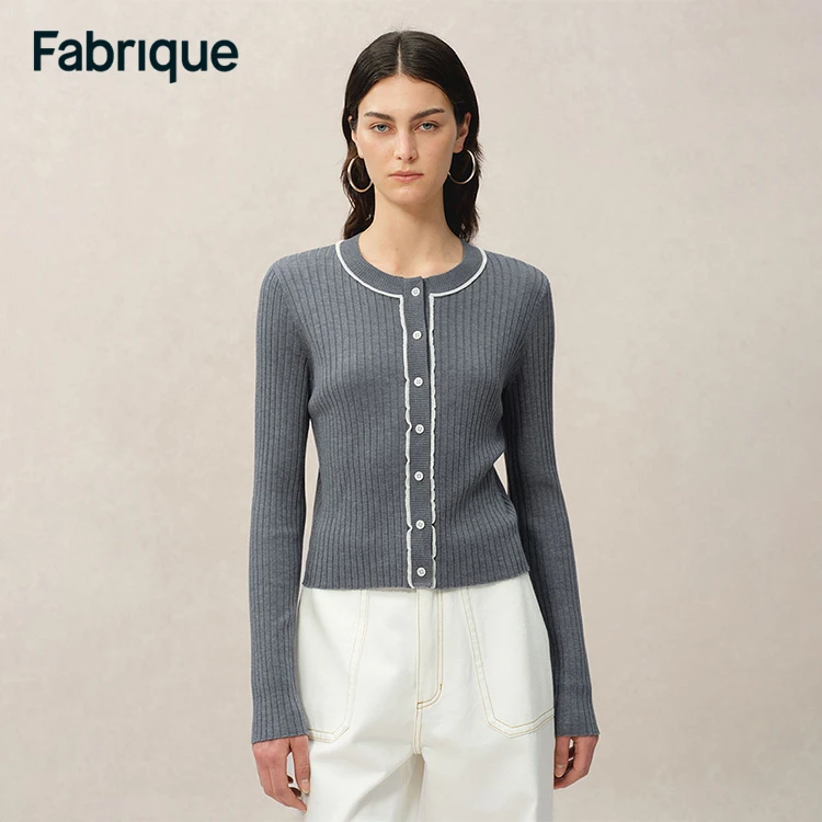 【赵老板专属】Fabrique莱赛尔三醋酸针织圆领花边短款合身开衫007