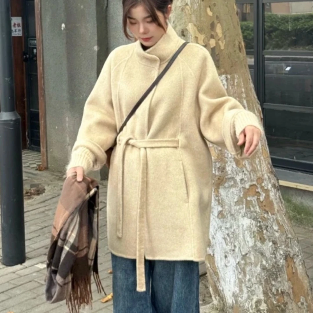 秋冬时尚百搭中长款双面大衣带腰带设计