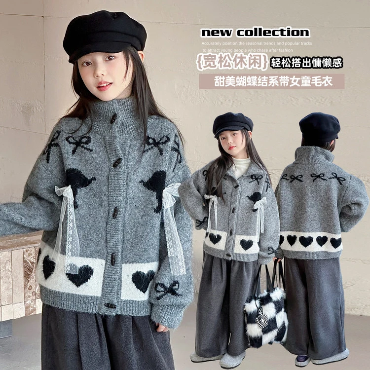 儿童加厚韩版厚款毛衣针织衫，蝴蝶结拼色加厚开衫女童毛衣