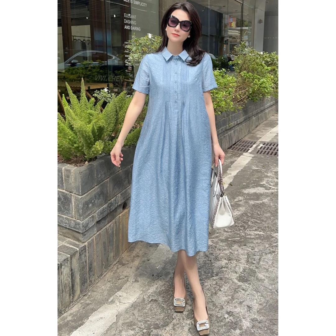 【李姐专属】春秋季法式空气蓝衬衣领连衣裙气质收腰显瘦长裙子1321