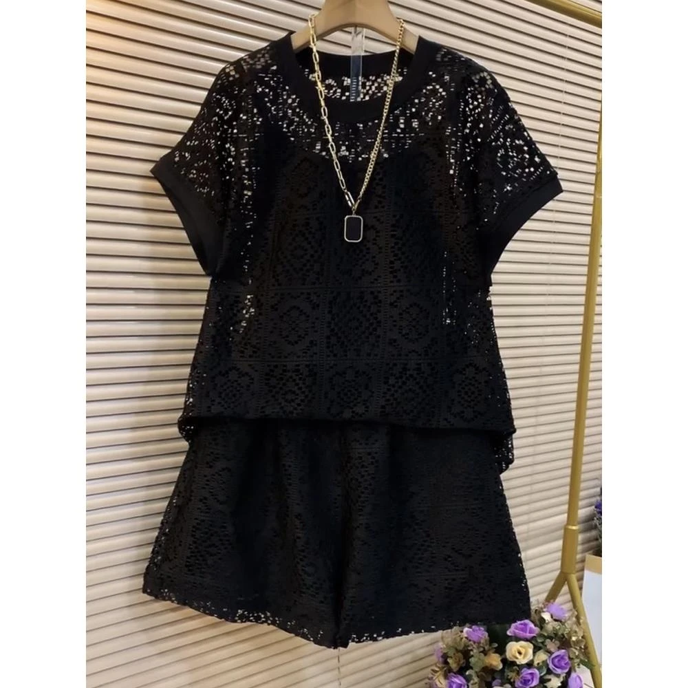 300斤加大码春夏季短袖短裤三件套男显瘦镂空时尚休闲高级感套装2