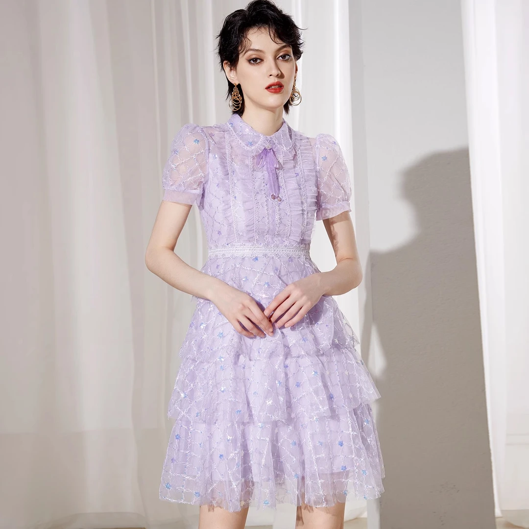 【宠粉专属】AUI紫色法式连衣裙泡泡袖收腰网纱A字裙-24X014073