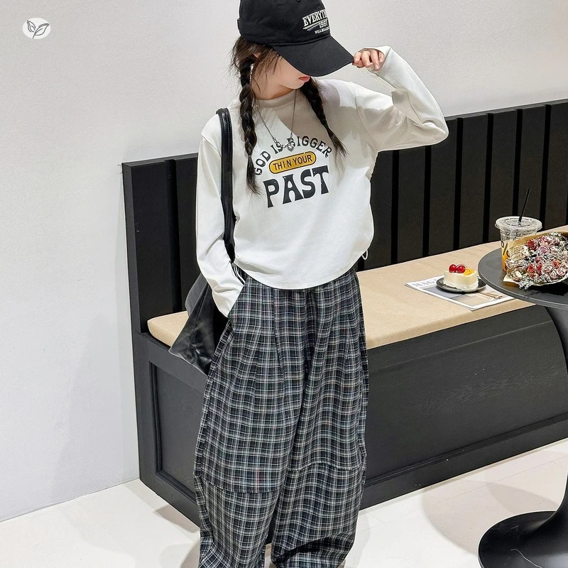 女童套装2025秋季新款字母印花长袖上衣格子裤两件套中大童阔腿裤