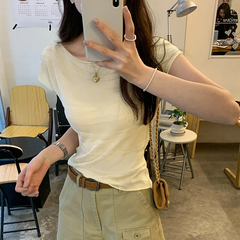 正肩短袖T恤女装夏季新款设计感小众别致褶皱修身显瘦小个子上衣