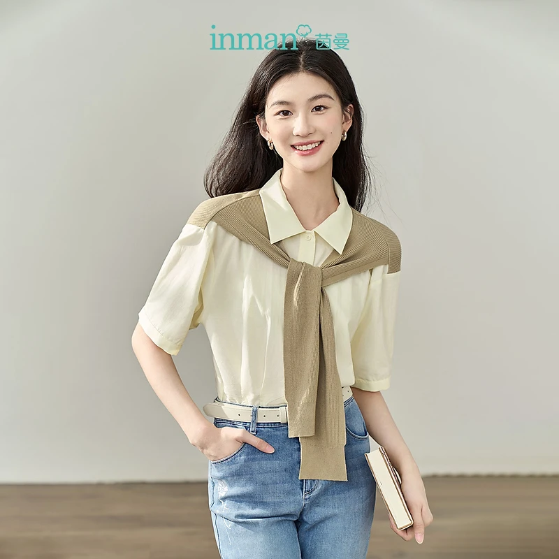 【商场同款】茵曼法式假两件衬衣夏女装新款披肩短袖短款上衣