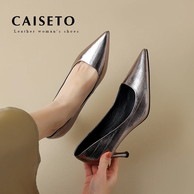 CAISETO尖头高跟鞋女细跟配裙子春真皮银色御姐浅口职业单鞋d30