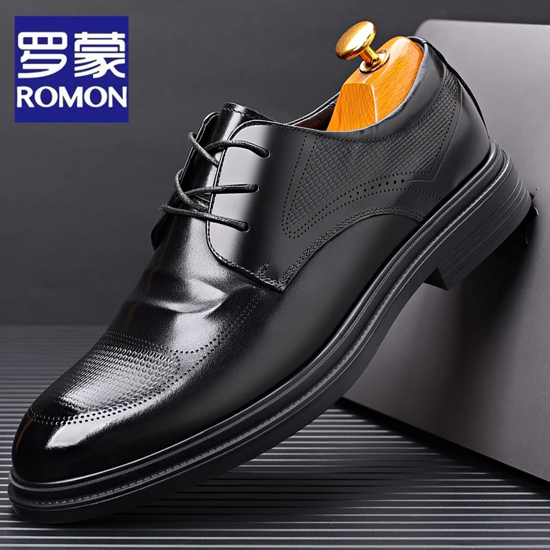 Romon/罗蒙2025春季新款头层牛皮商务正装皮鞋男真皮雕花西装婚鞋