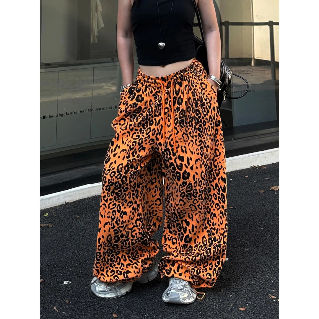 宽松运动裤女卫裤2025年秋季新款高腰显瘦ins欧货豹纹阔腿裤长裤