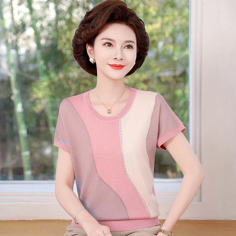妈妈装冰丝短袖T恤宽松针织衫中老年女装洋气时尚夏季新款上衣薄