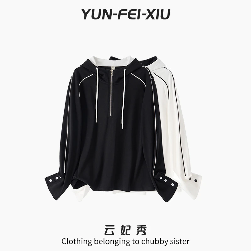 云妃秀大码女装卫衣时尚休闲宽松显瘦微胖拉链连帽百搭秋季38508