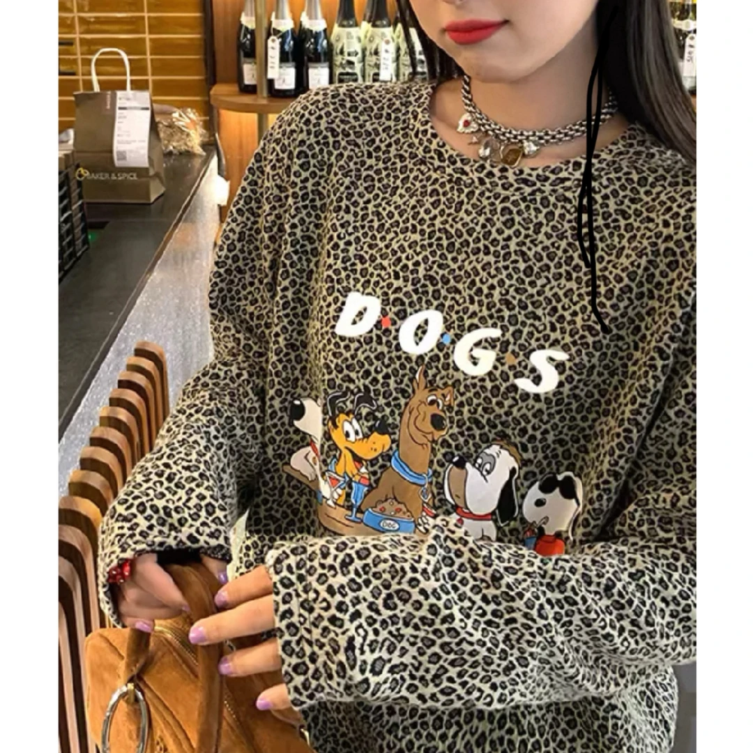 豹纹长袖t恤女2025年新款设计感宽松上衣独特别致外穿T恤