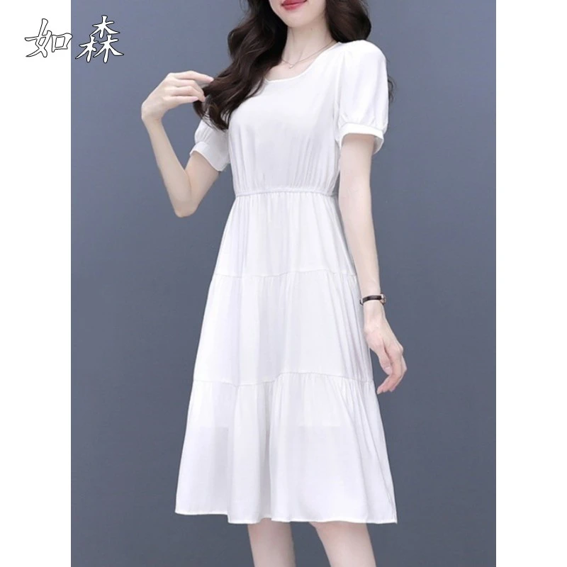 短袖连衣裙女雪纺小个子收腰显瘦气质减龄遮肚子2025夏季新款长裙