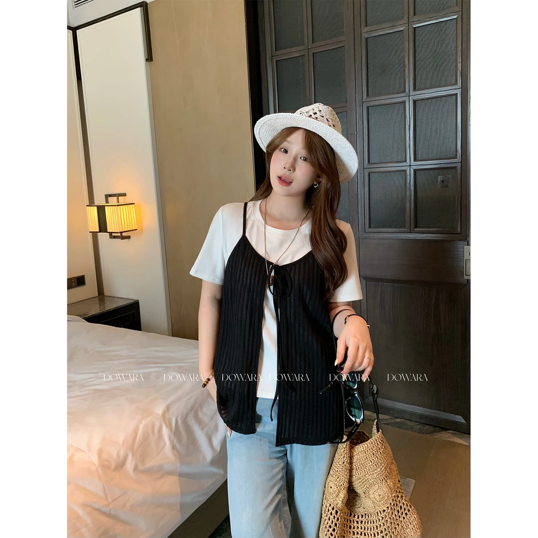 大婉酱微胖定制【三宅叠穿】莱赛尔显瘦真两件套上衣百搭短袖 9338D