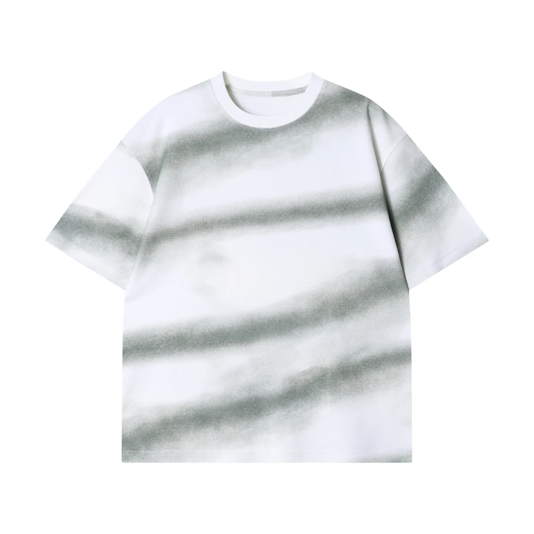 夏季新款高级感韩版斜纹晕染圆领短袖T恤小众设计显瘦简约上衣