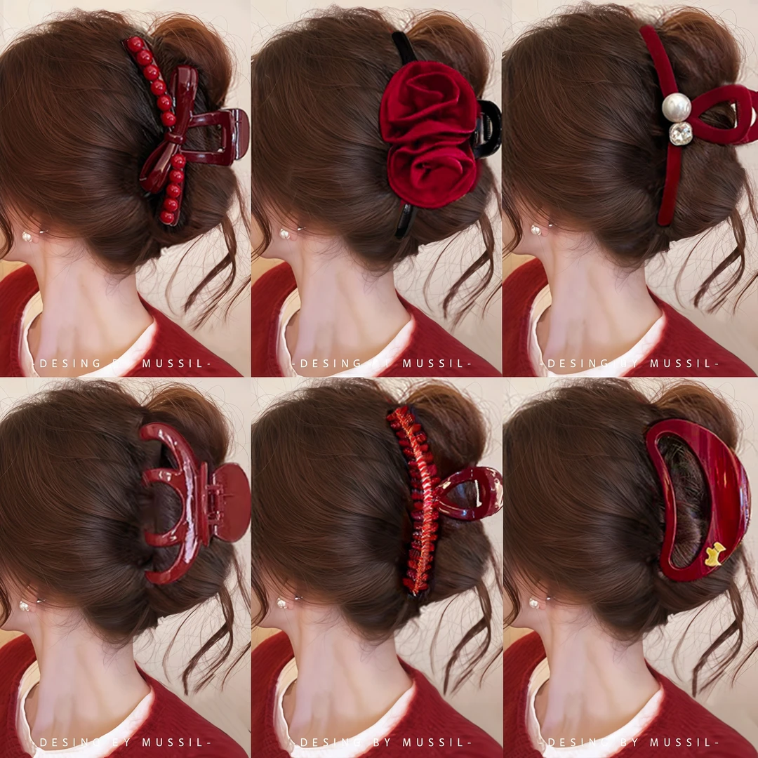 红色高级感后脑勺发夹鲨鱼夹气质头饰发卡