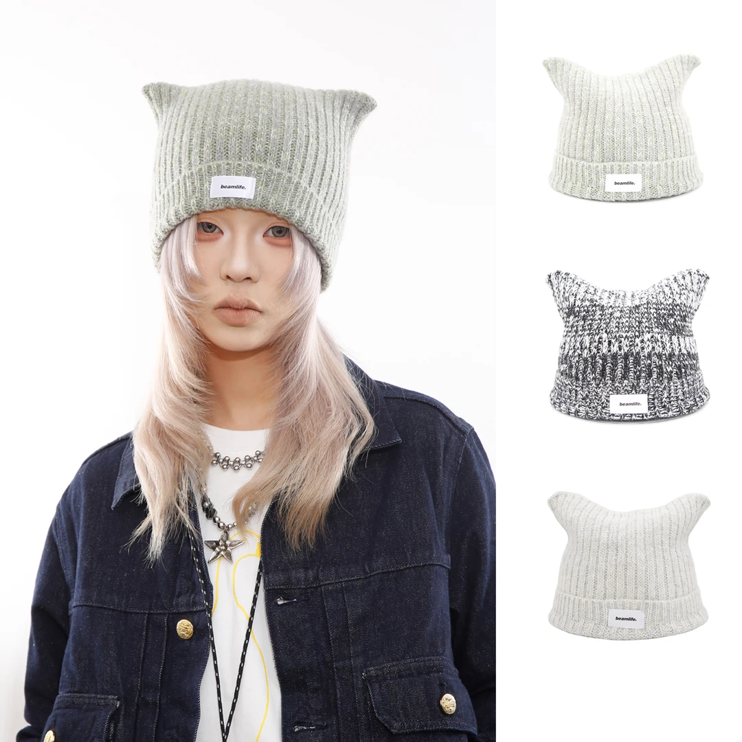 BEAMLIFE25AW秋冬原创韩版日系猫耳朵针织帽子男女包头毛线冷帽潮