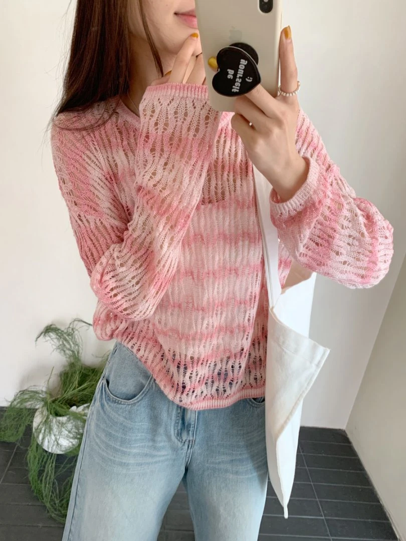 【素简.500103】春夏新款彩虹包缠纱渐变条纹圆领女装上新针织衫