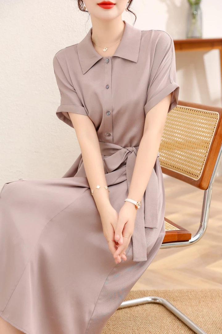 重磅35姆米重绉 系带中长裙连衣裙减龄法式设计感修身长裙58809