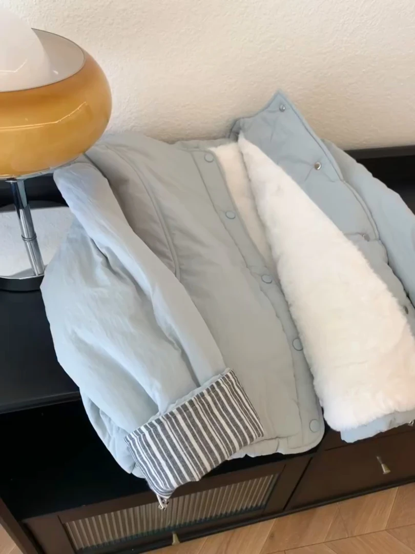 日系奶蓝色短款棉服外套女冬季2025新款小个子保暖高级感宽松棉袄