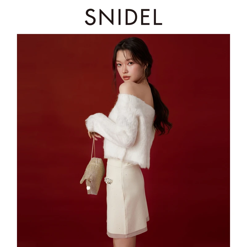 【嘉尔专属】SNIDEL一字领露肩毛绒针织衫短上衣SWNT245097