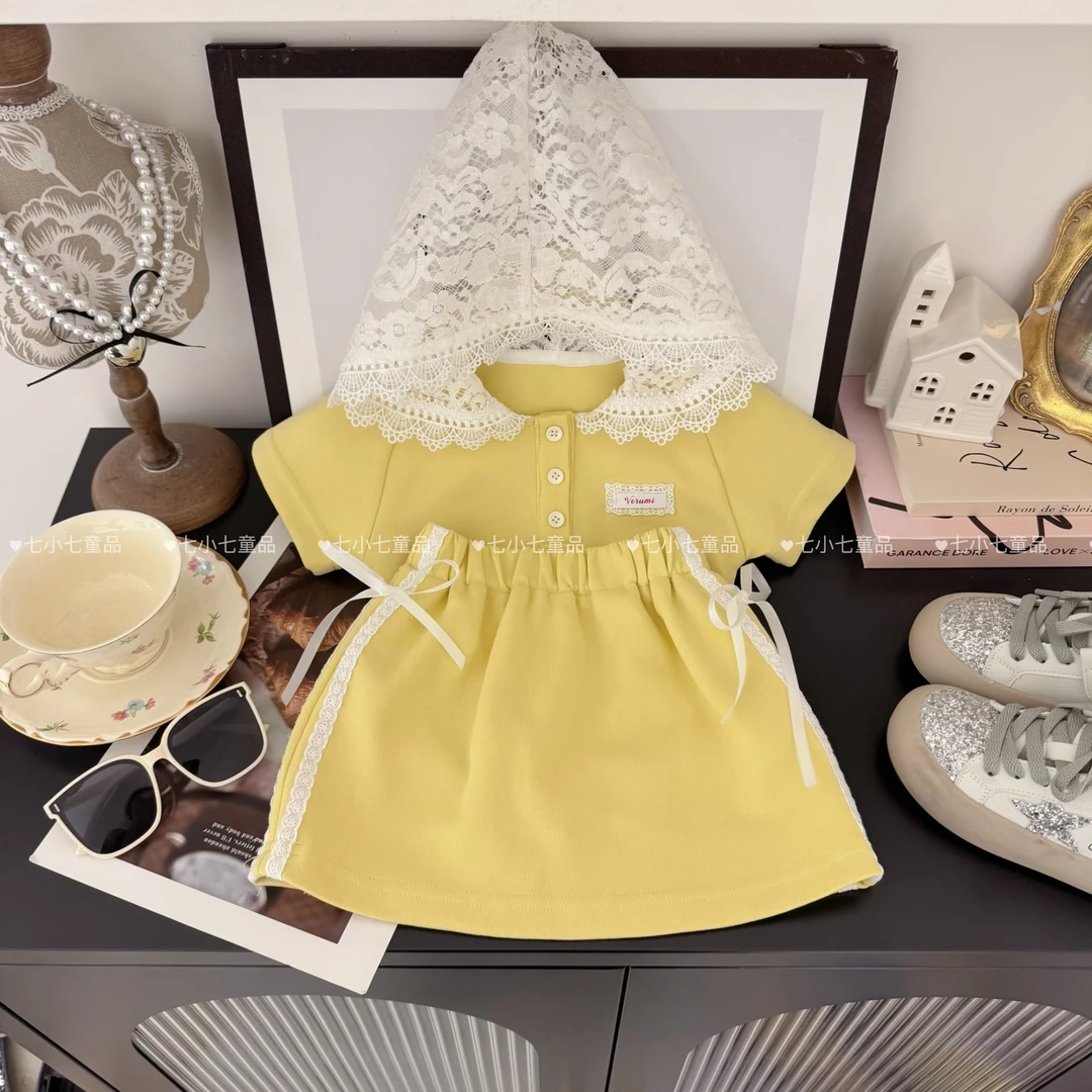 【现货】女童2025春夏新款洋气蕾丝帽奶酪黄短袖+半身裙套装C23063