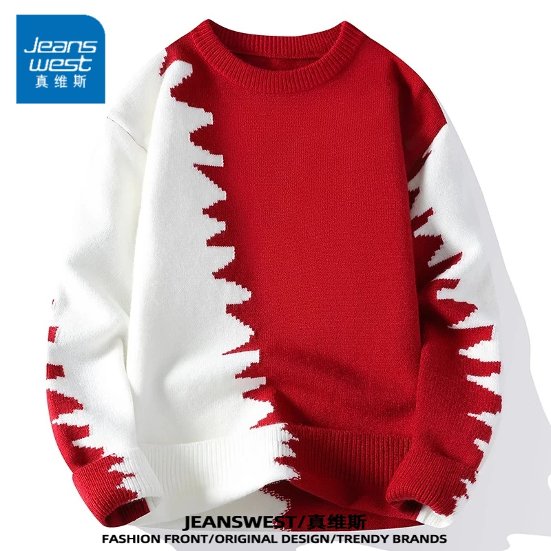 真维斯冬装毛衣男士休闲圆领拼色潮牌针织衫男装加绒加厚线衣外套