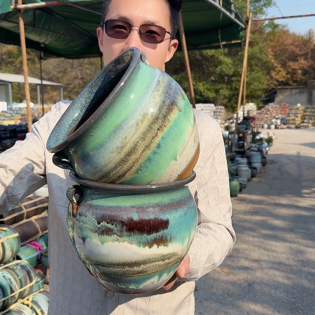 紫砂花盆口20高18.5（两个胖子水墨画绿