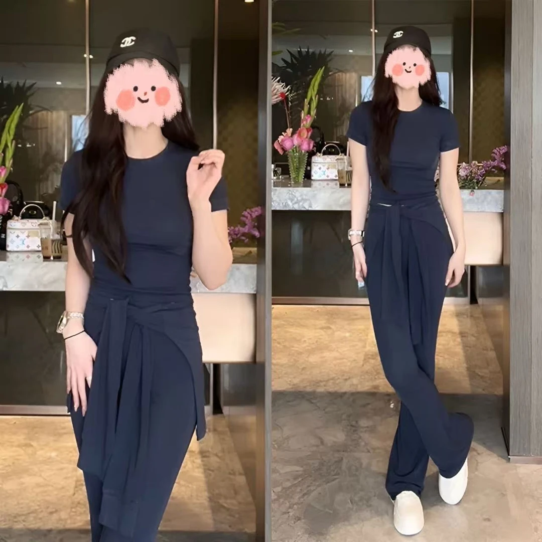 洋气衣服女正肩修身显瘦圆领短袖T恤系带假两件显瘦百搭长裤套装