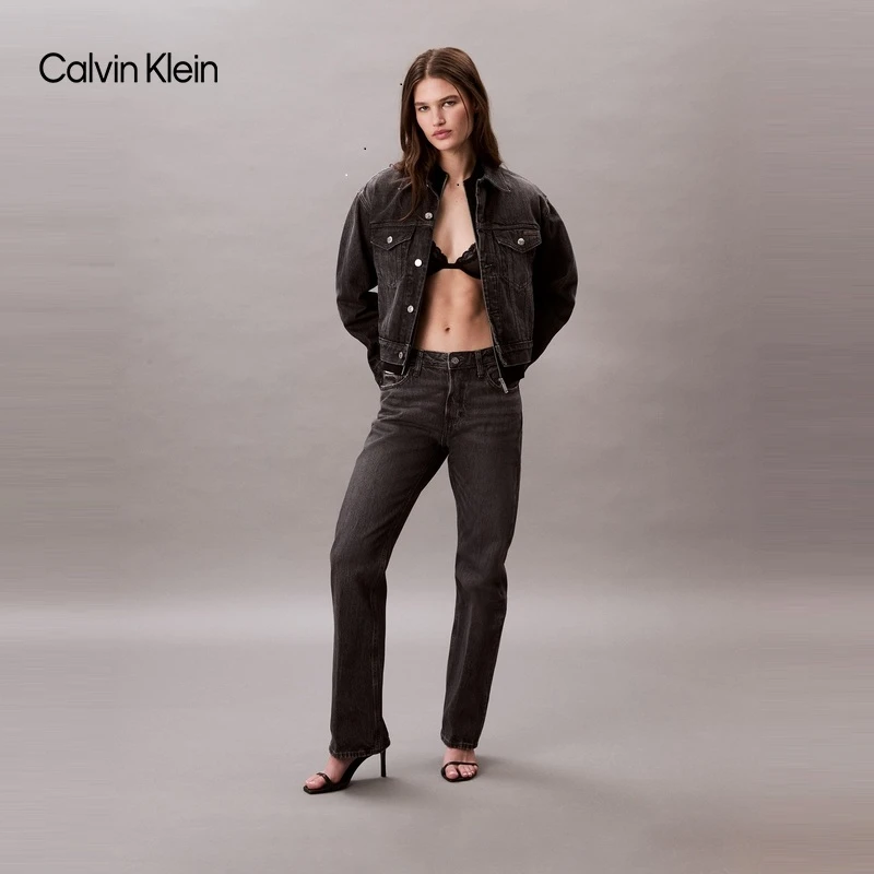 CK Jeans25春秋女士美式复古黑灰色纯棉宽松微喇牛仔裤