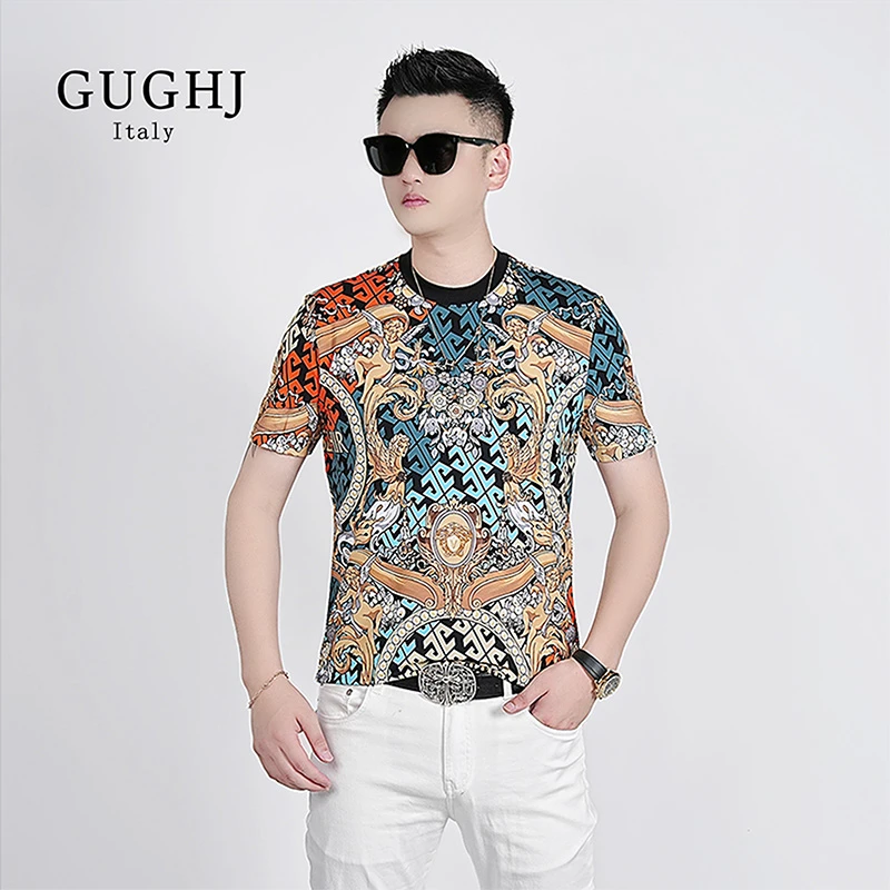 2025夏季新款个性数码印花圆领短袖潮流修身百搭轻奢男士半袖T恤