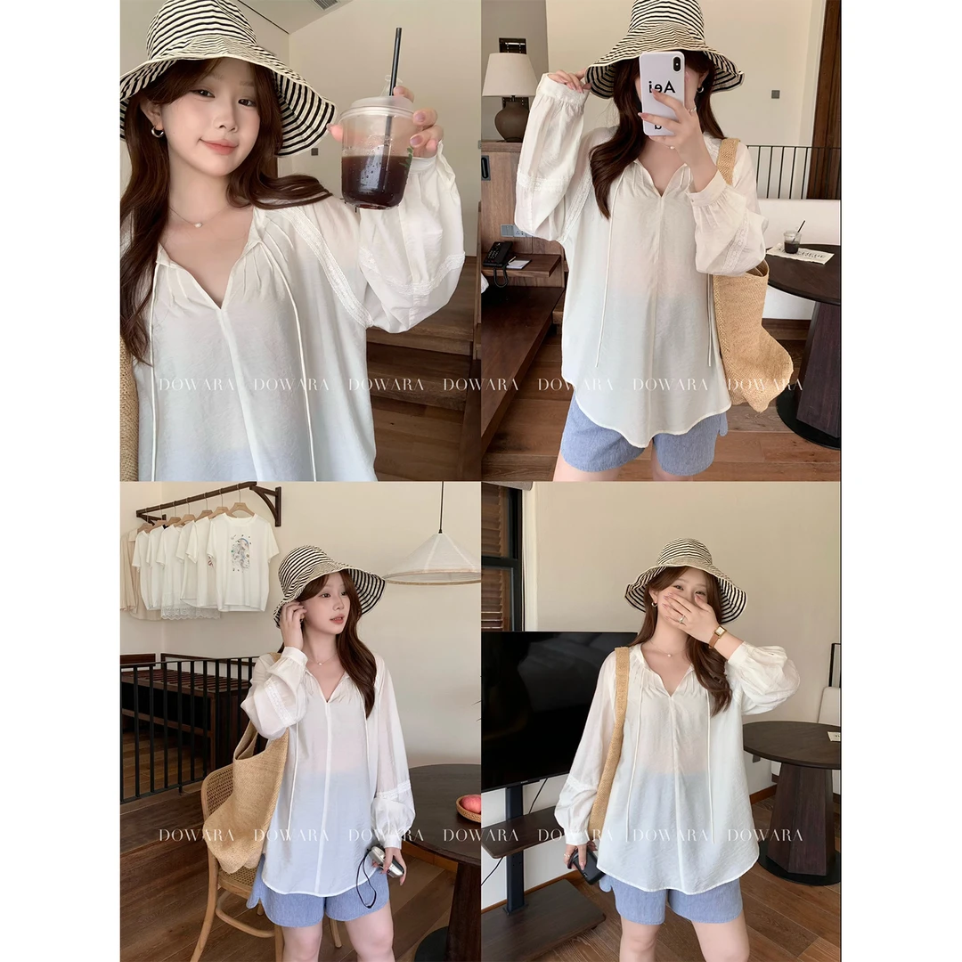 大婉酱微胖定制文艺复古长袖衬衫显瘦慵懒v领设计感上衣6852D