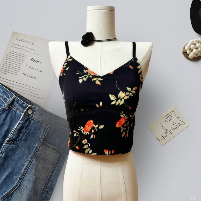 修身时尚背心上衣带胸垫吊带文胸一体显瘦打底外穿碎花美背遮肚子