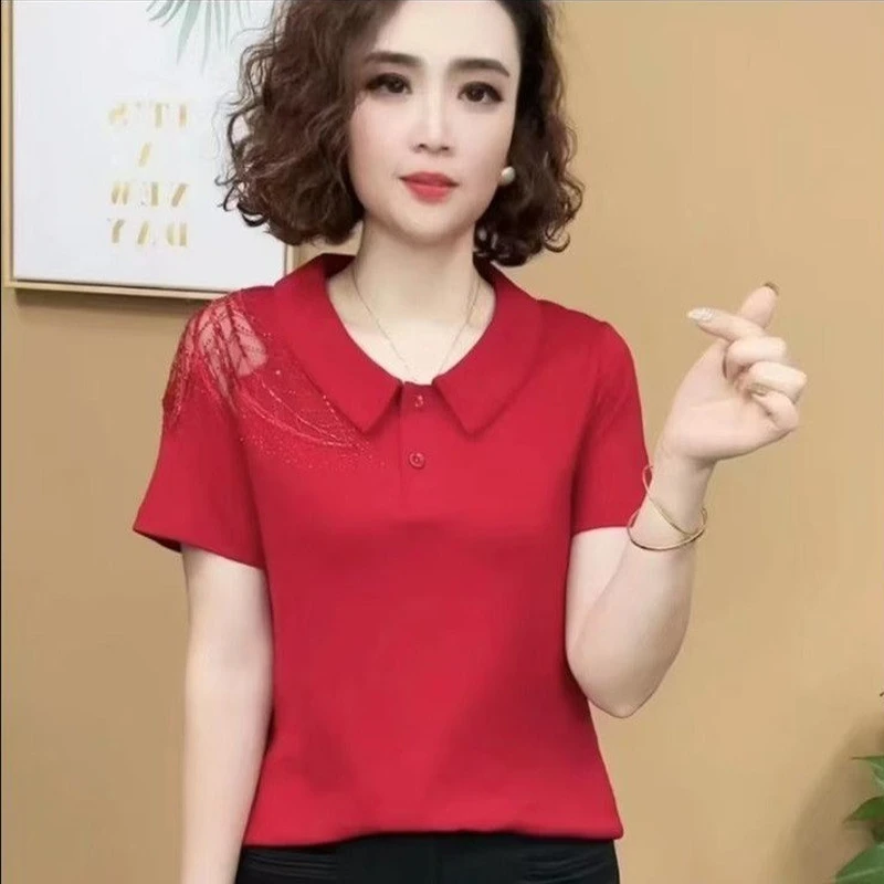 夏季新款妈妈装短袖t恤女洋气娃娃领母亲polo衫宽松遮肉镂空上衣